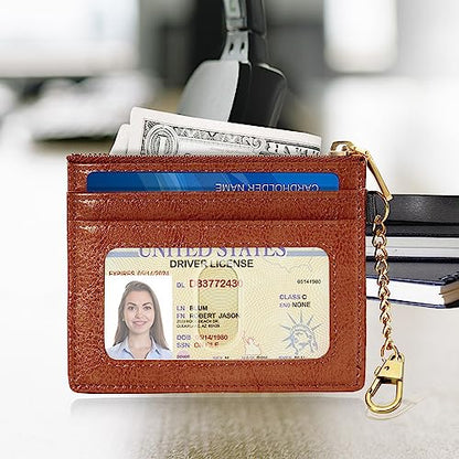 SEAVILIA Card Holder Keychain Wallet for Women with ID Window RFID Coin Purse Bee Gifts Slim Minimalist Small Wallet - color: Brown
