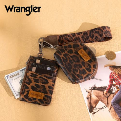 Wrangler Keychain Wristlet Wallets for Women Western Dual Pouch Wristlet Credit Card Holder Wallet - color: Full Leopard Coffee
