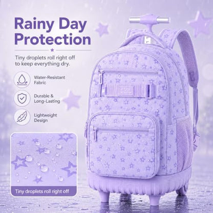 3Pcs Rolling Backpack for Girls Women, School Kids Roller Bookbag with Wheels, Wheeled Backpacks Set for Elementary (Purple) - color: Star Purple