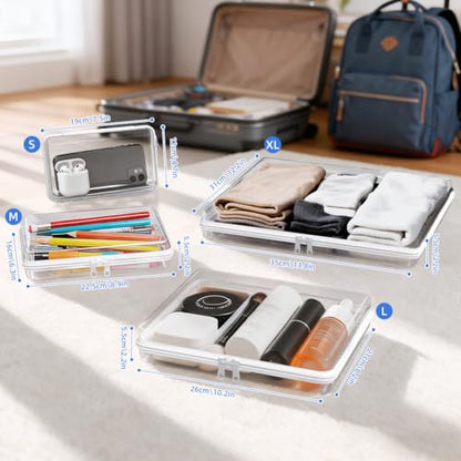 4 Pack Clear Hard Shell Zipper Case (S,M,L,XL), 1.2mm Crush-Proof Transparent Storage Pouches, Hard Plastic Packing Cubes & Organizer Bags for Travel, Pencil, Cosmetics, Toiletry, Toys Storage - size: 4 Pack(S,M,L,XL)