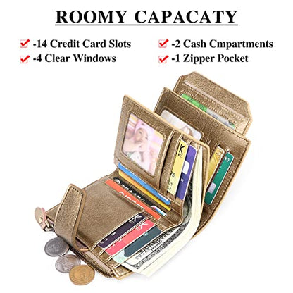 FALAN MULE Small Wallet Women RFID Blocking Leather Bifold Compact Card Holder Wallet with Zipper Coin Pocket - color: Bronze