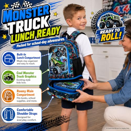 CCJPX 3Pcs Backpack for Boys, 16 Inch Preschool Elementary Kindergarten School Backpacks and Lunch Box - color: Truck 2 in 1