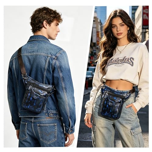 Water Resistant Canvas + Leather Motorcycle Fanny Waist Pack One Shoulder Drop Leg Thigh Bag For Men Women FB211-6 - color: 100% Genuine Leather-211-5-Blue
