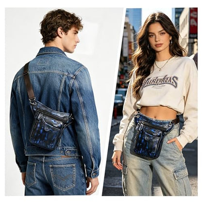 Water Resistant Canvas + Leather Motorcycle Fanny Waist Pack One Shoulder Drop Leg Thigh Bag For Men Women FB211-6 - color: 100% Genuine Leather-211-5-Blue