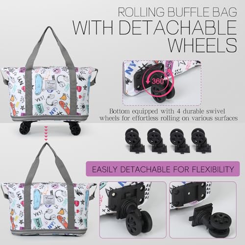 Rolling Duffel Bag with Wheels - Foldable Expandable Duffle Bag with Wheels for Travel, Rolling Luggage Bag Carry On Bag with Wheel, Large Rolling Backpack Weekend Bag for Men Women (White) - color: White