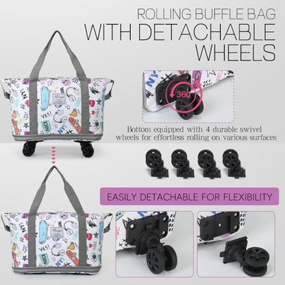 Rolling Duffel Bag with Wheels - Foldable Expandable Duffle Bag with Wheels for Travel, Rolling Luggage Bag Carry On Bag with Wheel, Large Rolling Backpack Weekend Bag for Men Women (White) - color: White