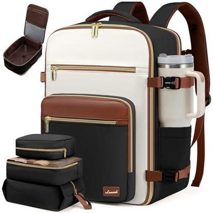LOVEVOOK Travel Backpack For Women,40L Carry On TSA Personal Item Bag - color: Black and White and Brown, size: 17.3 Inch-40L-4Pcs