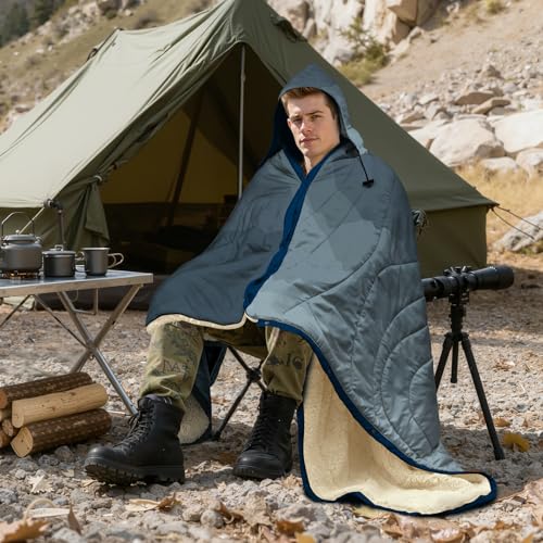 Large Camping Blanket with Sherpa Lining 78"x 56" - color: Hooded - Blue Cloud Valley, size: 78 x 56 inches-Sherpa