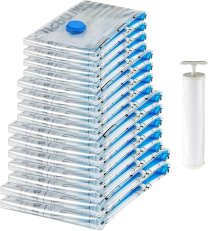 Amazon Basics Vacuum Storage Bags for Clothes, Compression Space Saving Storage Bags with Hand Pump, Reusable, Heavy-Duty Seal Protection, Multiple Sizes, White, 15-Pack - size: Multiple (Pack of 15)