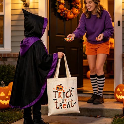 Canvas Tote Bag with Zipper for Women, Halloween Trick or Treat Bags Bulk - color: [A0] Halloween - Beige