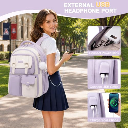 Backpack for Girls, School Backpacks for Teen Girls with Lunch Box - color: Purple