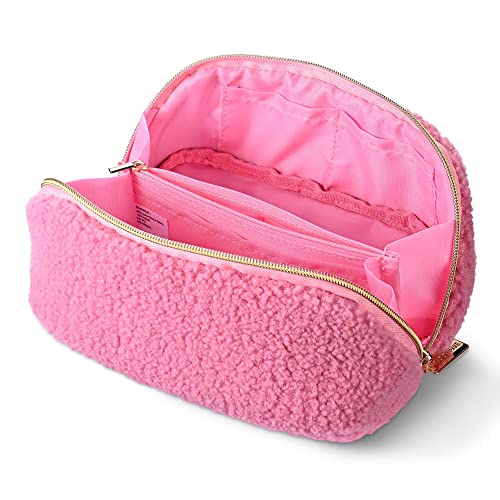 BYOOTIQUE Plush Makeup Bag Open Flat Travel Toiletry Accessories w/Handle - color: Pink, size: S