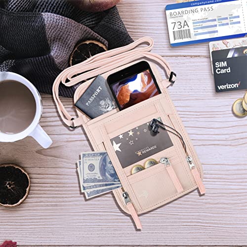 WALNEW Passport Holder Neck Pouch Travel Wallet for Women and Men, RFID Blocking Security Slim Traveling Wallet with Around Neck Lanyard Strap, Pink | Around Neck Lanyard Strap, Travel Safety Anti Theft Bag, Neck Wallet for Traveling Women - color: Pink