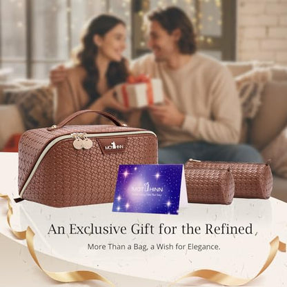 Travel Makeup Bag for Women: 3 Pcs Set Vagen Leather Cosmetic Bag - color: 07Brown
