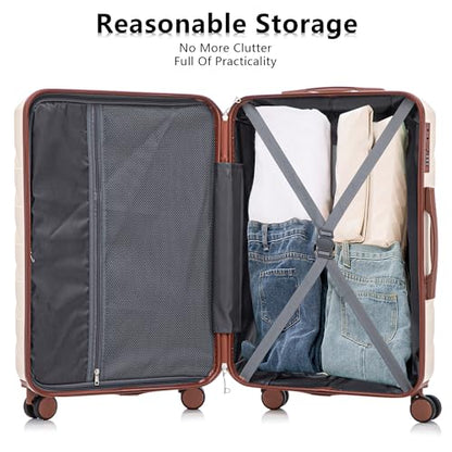 Luggages Sets 3pcs ABS Hardside Luggage Sets Spinner Wheels Suitcase with Lock - color: White brown