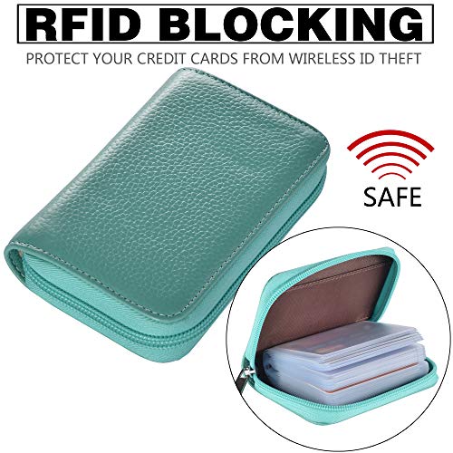 Easyoulife Genuine Leather Credit Card Holder Zipper Wallet With 26 Card Slots - color: Teal, size: small