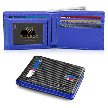 RUNBOX Wallet for Men, Slim Leather Bifold, RFID Blocking Card Holder - color: carbon black blue