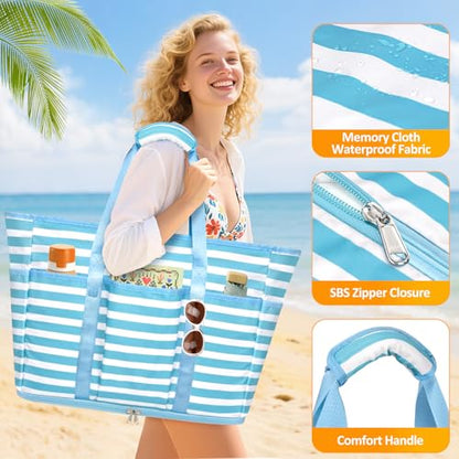 Large Beach Bag with Zipper, 12 Pockets Waterproof Sandproof Pool Bag Womens Mesh Beach Tote Bag for Travel Vacation - color: Light Blue White