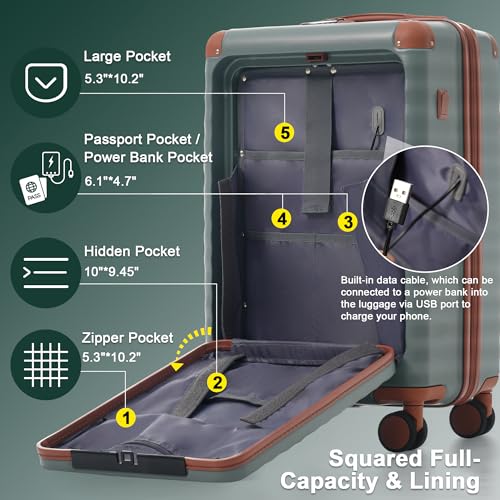 5 Piece Luggage Set, Front Opening Expandable ABS Suitcase with USB Port TSA Lock, 20/24/28 Inch Carry On Luggage Set with Toiletry Bag & Attachable Duffel Bag, Grey Green - color: N + Grey Green