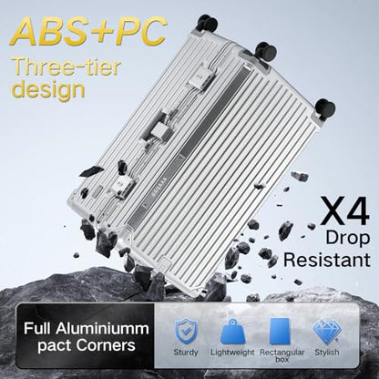 20 Inch Aluminium Frame Luggage, Large Checked Suitcase with Zipperless PC Hard Shell, Spinner Wheels, TSA Approved Lock and Lightweight Aluminum Luggage for Travel (Silver, 20 Inch) - color: Silver, size: 20 Inch