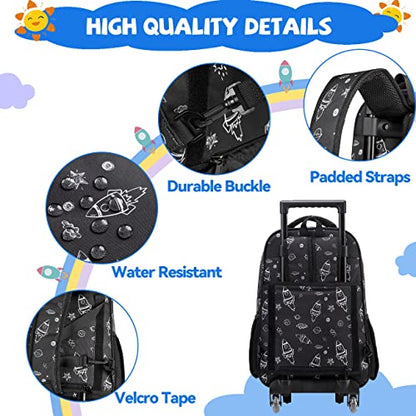 VASCHY Rolling Backpack Kids, 17in Water Resistant Large Schoolbag Carry-on Travel Trip Bag with Wheels for Boys Rockets