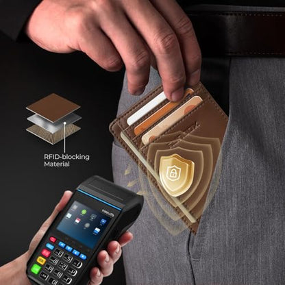 RUNBOX Slim Wallet for Men and Women, RFID Blocking Leather Card Holder - color: Classic Brown