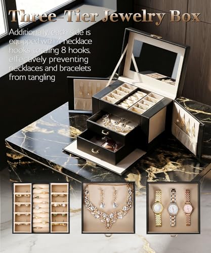 Homde Lockable Jewelry Box for Girl: 3-Layer Safe Organizer with Key - color: Black