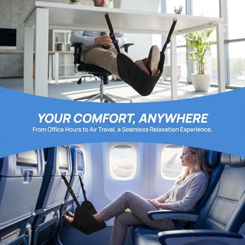 CALLARON Portable Foot Rest for Airplane Travel Adjustable Foot Hammock with Padded Support Foldable Travel Accessory for Office Footrests and Desk Leg Rest Includes Storage Bag