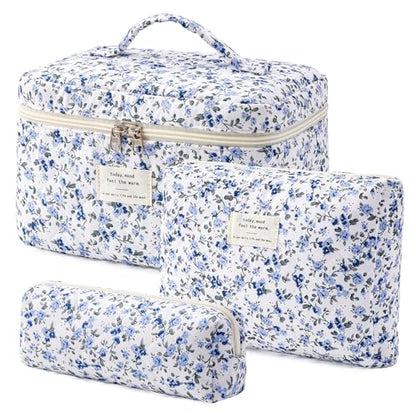 HBselect Quilted Makeup Bag, 3Pcs Cotton Large Travel Makeup Bags Organizer - color: A-3PCS-Floral 42