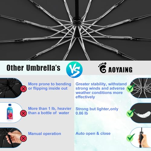 GAOYAING 46 Inch Large Automatic Rain Umbrella - Windproof Travel Lightweight Travel-Ready, Heavy Duty 12-Rib 210T Fabric, Portable with Protective Sleeve - color: Black (Pack of 2)