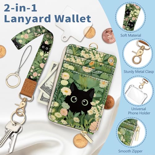 Cat Lanyard Wallet with Id Badge Holder Keychain for Card Women - color: Cat Green Leaf