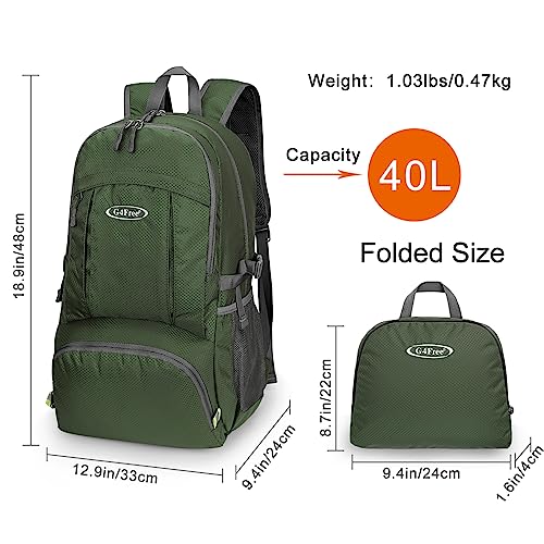 G4Free 40L Lightweight Packable Hiking Backpack, Waterproof Travel Daypack - color: Green