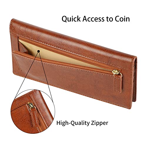Lavemi Ultra Slim Thin Leather Women Wallet RFID Blocking Credit Card Holder Bifold Long Ladies Billfold - color: 1-waxed Brown
