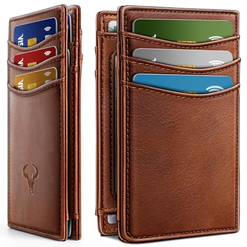 BULLIANT Slim Leather Wallet For Men 12Cards Magnetic Closure RFID Blocking - color: Brick Brown6492