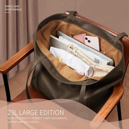 KALIDI Large Tote Bag Vegan Leather 16L Casual Zipper Work Weekender - color: Coffee Brown