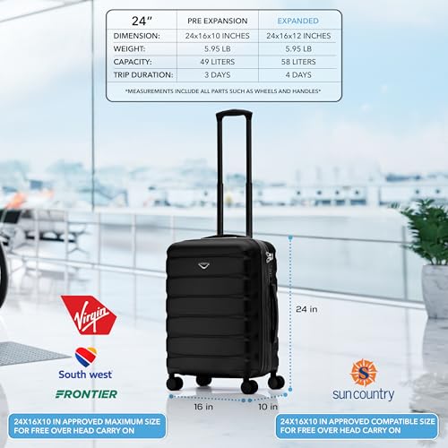 Flight Knight 24x16x10 Expandable Carry On Suitcase Hardside TSA Lock USB C Lightweight Luggage Silent Double Spinner Wheels Maximum Overhead Carry-On Bag For Virgin South West Approved Black - color: Black, size: 24x16x10"