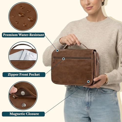 PAVILIA Hanging Toiletry Bag for Women Men, Travel Organizer, Dark Brown - color: Dark Brown