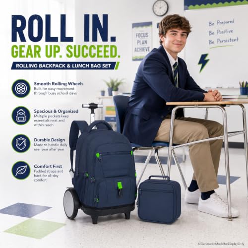 WZLVO Large Quiet Wheels Rolling Backpack for Men - 20 Inch Wheeled Bookbag Glides Over Rough Surfaces, 3-Piece Roller Set with Lunch Bag & Pencil Bag, Sleek Navy Blue for Professionals Travel - color: Large Quiet-roll Wheels Rolling Backpack -Blue