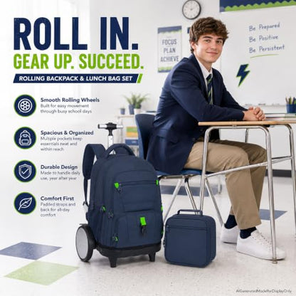WZLVO Large Quiet Wheels Rolling Backpack for Men - 20 Inch Wheeled Bookbag Glides Over Rough Surfaces, 3-Piece Roller Set with Lunch Bag & Pencil Bag, Sleek Navy Blue for Professionals Travel - color: Large Quiet-roll Wheels Rolling Backpack -Blue