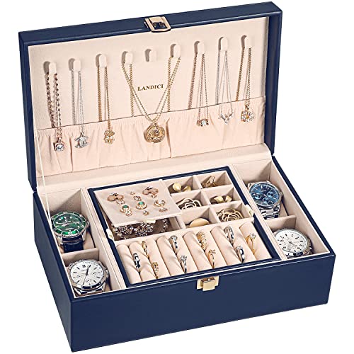 LANDICI 2-Layer Jewelry Box with 4 Watch Slots, Grey - color: Dark Blue