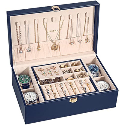 LANDICI 2-Layer Jewelry Box with 4 Watch Slots, Grey - color: Dark Blue