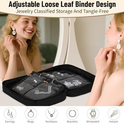 Yotako Black Velvet Travel Jewelry Binder with Clear Zipper Storage Case - color: Black