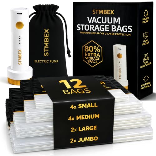 12 Pack Vacuum Storage Bags with Electric Pump for Clothing, Home & Travel