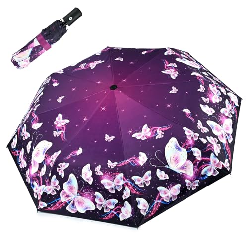 Windproof Travel Umbrella Folding Compact Automatic Umbrellas for Women Men Rain Sun - color: Purple Butterfly