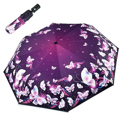 Windproof Travel Umbrella Folding Compact Automatic Umbrellas for Women Men Rain Sun - color: Purple Butterfly
