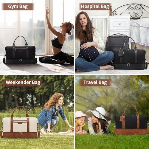 Oeihuivt Weekender Bags for Women - 21 Inch Large Travel Duffel Bag 3-Piece Set with Shoe Compartment, Heavy-Duty Canvas & Leather Carry On Overnight Tote (Airplane Approved) - color: Brown-Beige-A