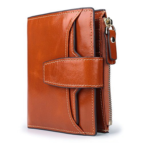 Women's RFID Blocking Leather Small Compact Bi-fold Zipper Pocket Wallet Card Case Purse with id Window - color: Waxed Camel