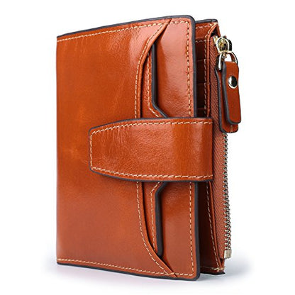 Women's RFID Blocking Leather Small Compact Bi-fold Zipper Pocket Wallet Card Case Purse with id Window - color: Waxed Camel