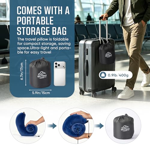 SkytraxComf® Travel Neck Pillow with Hood for Privacy on Long Flights - color: Navy Blue