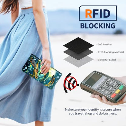 Passport Wallet for Women,Travel Wallet Passport Holder RFID Blocking - color: Turle Cute Green